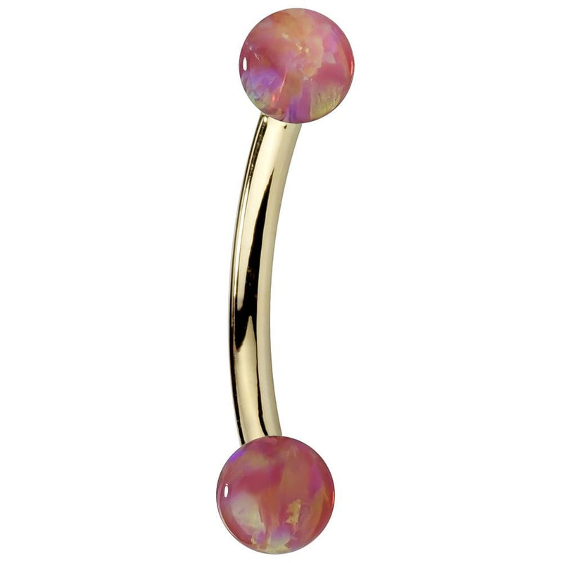 Pink simulated opal curved barbell in 14K yellow gold, side view showing dual opal balls