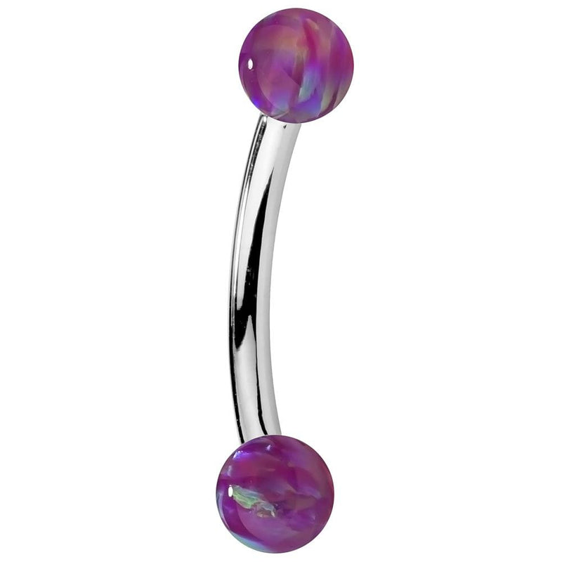 Purple simulated opal curved barbell in 14K white gold with iridescent lavender opal balls