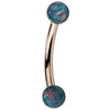 14K rose gold curved barbell with teal simulated opal ball ends, side view