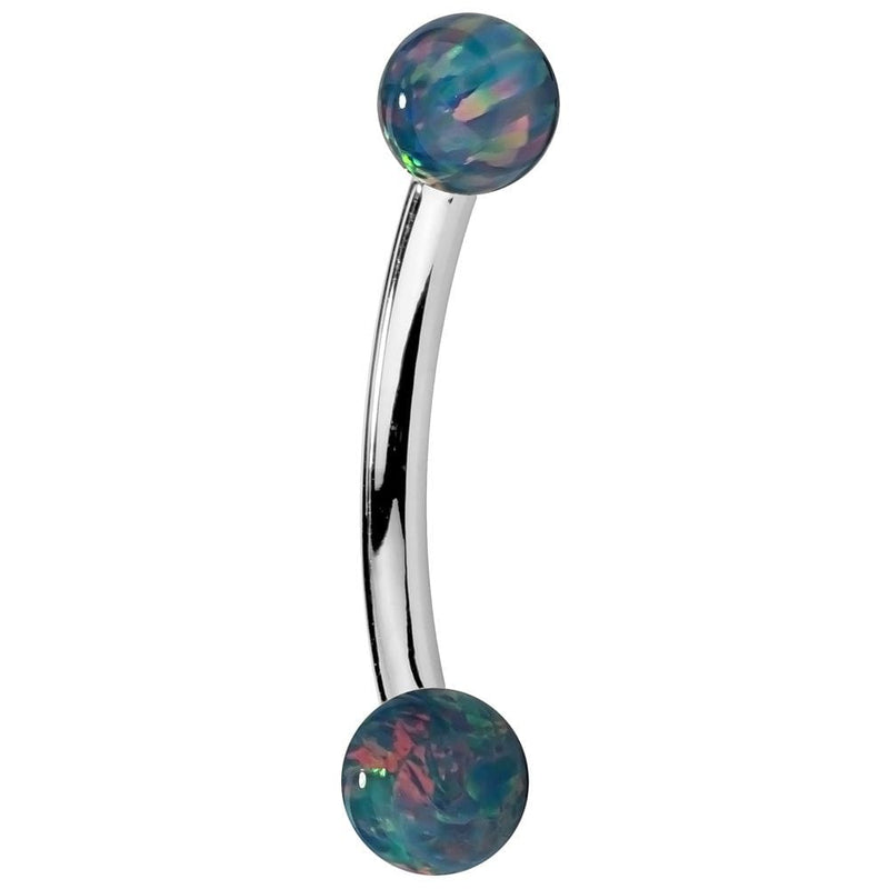 14K white gold curved barbell with teal simulated opal ball ends, side view