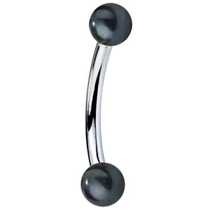14K white gold curved barbell with two cultured peacock pearl ends, polished silver-tone bar