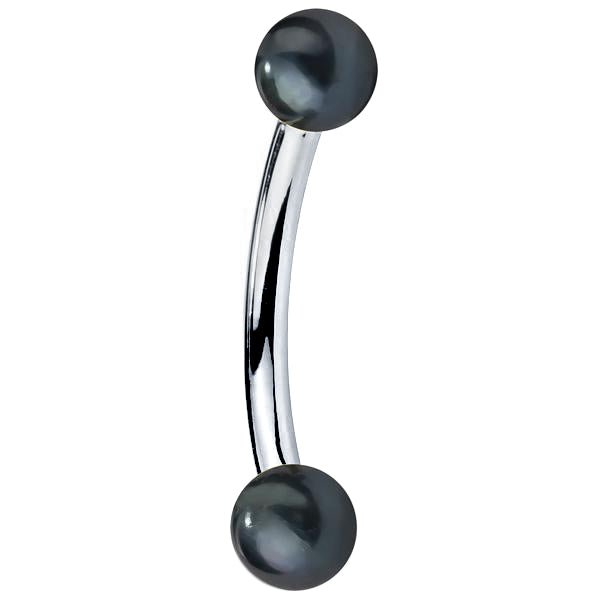 14K white gold curved barbell with two cultured peacock pearl ends, polished silver-tone bar