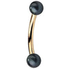 14K yellow gold curved barbell with dual iridescent peacock pearl ends, side view