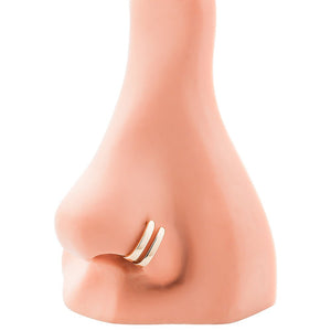14K yellow gold faux double hoop nose ring shown on nose model demonstrating double-piercing illusion