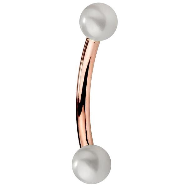 14K rose gold curved barbell with dual cultured white Japanese pearls, warm pink-tone bar
