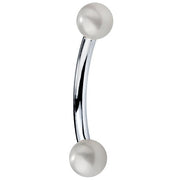14K white gold curved barbell with two cultured white pearls, polished silver-tone bar side view