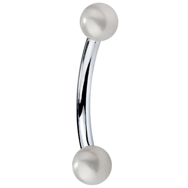 14K white gold curved barbell with two cultured white pearls, polished silver-tone bar side view