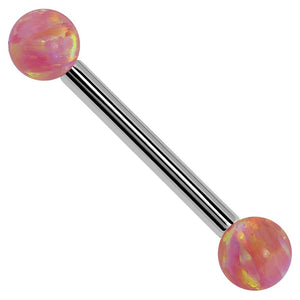 Pink opal straight barbell in 14k white gold with iridescent simulated opal ball ends