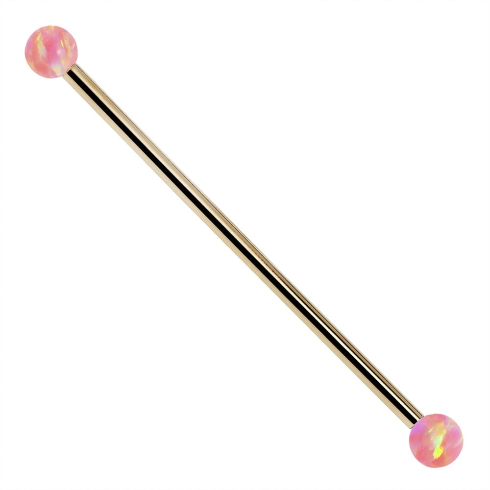 Yellow Gold Pink Opal 14k Gold Industrial Barbell