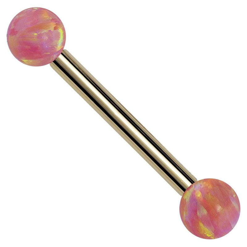 Pink opal straight barbell in 14k yellow gold showing warm tone bar with colorful opal ends