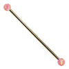 14k yellow gold industrial barbell with iridescent pink synthetic opal ball ends, main product view