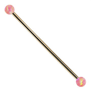 14k yellow gold industrial barbell with iridescent pink synthetic opal ball ends, main product view