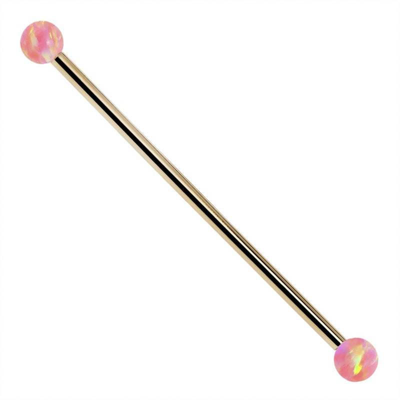 14k yellow gold industrial barbell with iridescent pink synthetic opal ball ends, main product view