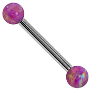 14k white gold straight barbell with purple synthetic opal ball ends, front view on white background