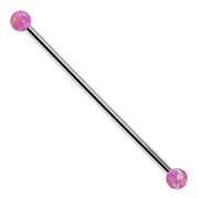 14k white gold industrial barbell with purple synthetic opal ball ends, front view on white background