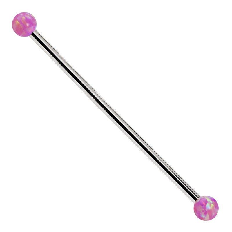 14k white gold industrial barbell with purple synthetic opal ball ends, front view on white background