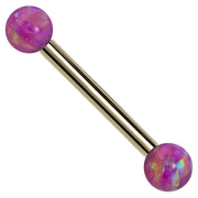 14k yellow gold straight barbell with iridescent purple opal ball ends, front view on white background