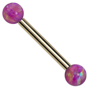 14k yellow gold straight barbell with iridescent purple opal ball ends, front view on white background