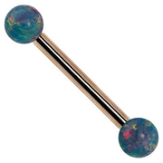 14k rose gold straight barbell with teal lab opal ball ends, front view on white background