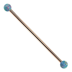 Teal opal 14k rose gold industrial barbell with colorful synthetic opal ball ends, full length view
