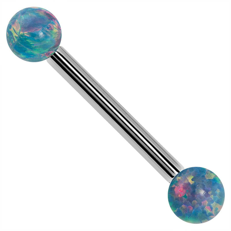 14k white gold straight barbell with teal lab opal ball ends, front view on white background