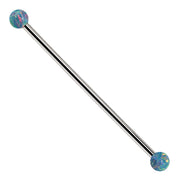 Teal opal 14k white gold industrial barbell with iridescent synthetic opal ends, full length front view