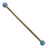 Teal opal 14k yellow gold industrial barbell with warm gold shaft and multicolor synthetic opal ball ends