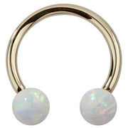 14k yellow gold circular barbell with iridescent white opal balls, front view