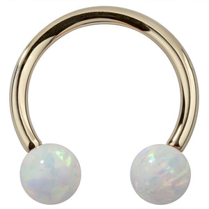 14k yellow gold circular barbell with iridescent white opal balls, front view