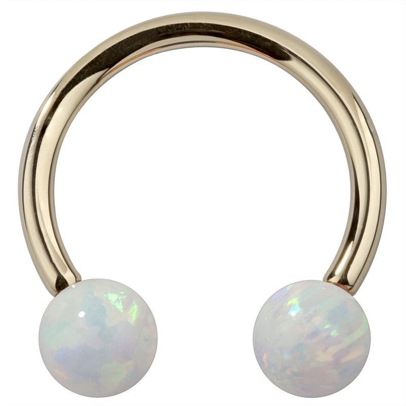 14k yellow gold circular barbell with iridescent white opal balls, front view