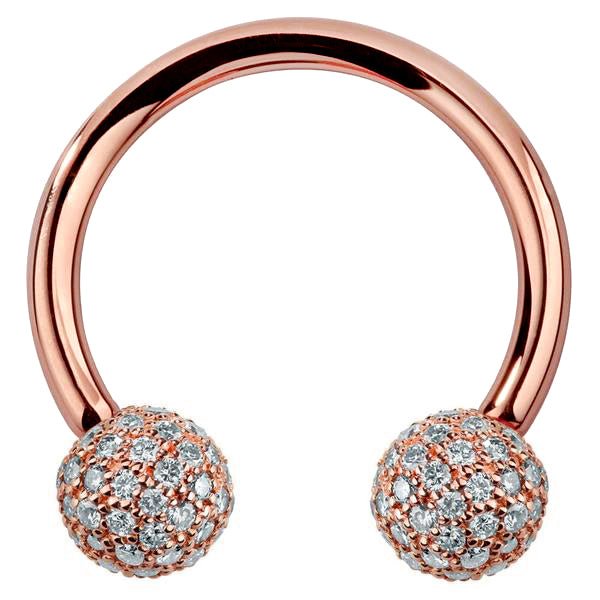 14K rose gold circular barbell with 4mm diamond pavé balls, front view on white background