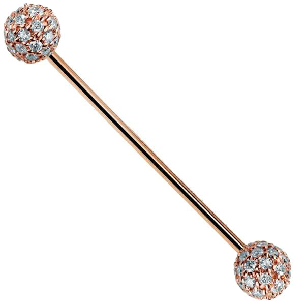 14k rose gold straight barbell with 5mm diamond pavé balls showing warm rose tone, front view