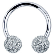 14K white gold circular barbell with 5mm diamond pavé balls, front view on white background