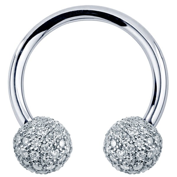 14K white gold circular barbell with 5mm diamond pavé balls, front view on white background