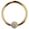14K yellow gold fixed bead ring with 4mm diamond pavé ball, polished hoop front view