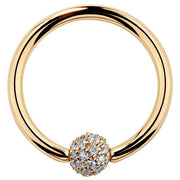 14K yellow gold fixed bead ring with 4mm diamond pavé ball, polished hoop front view
