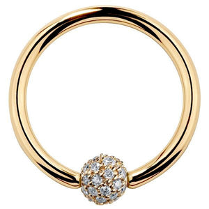 14K yellow gold fixed bead ring with 4mm diamond pavé ball, polished hoop front view
