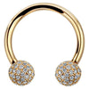 14K yellow gold circular barbell with 4mm diamond pavé balls, front view on white background