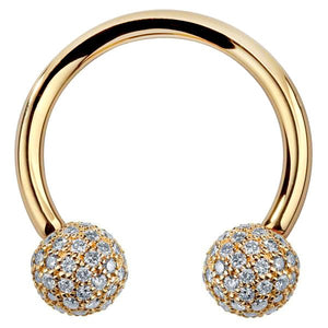 14K yellow gold circular barbell with 4mm diamond pavé balls, front view on white background