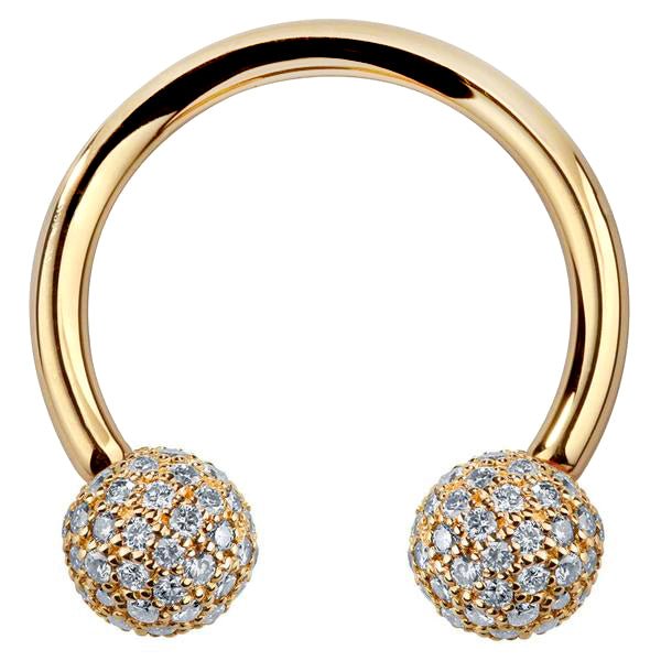 14K yellow gold circular barbell with 4mm diamond pavé balls, front view on white background