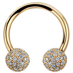 14K yellow gold circular barbell with 5mm diamond pavé balls, front view on white background