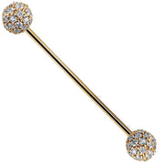 14k yellow gold straight barbell with 5mm genuine diamond pavé balls, front view