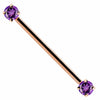 14k rose gold industrial barbell with dual purple round CZ gems in 4-prong settings, front view