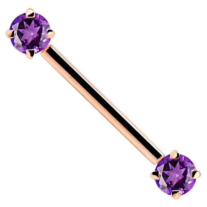 Purple Round Gemstone 14K Gold Straight Barbell-16G   5 8" (16mm)   Rose Gold