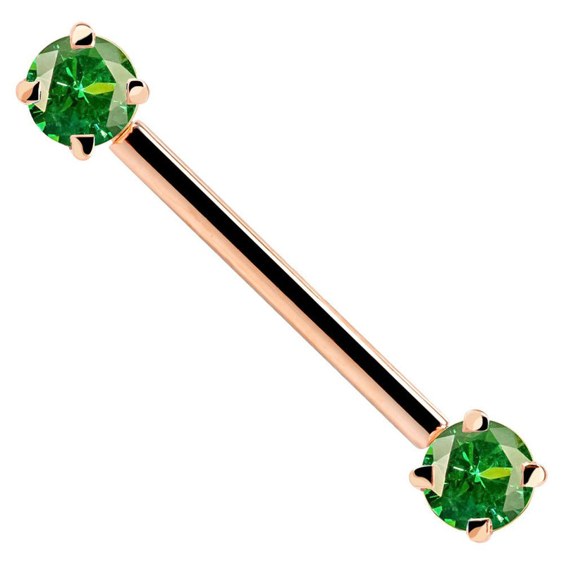 14k rose gold straight barbell with dual prong-set round green CZ ends, angled product view
