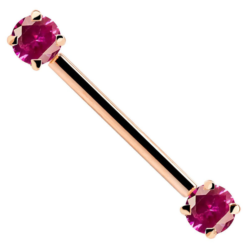 14k rose gold straight barbell with red prong-set CZ gemstones on white background