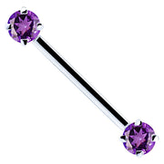 14K white gold straight barbell with dual purple round CZ stones, angled front view on white background