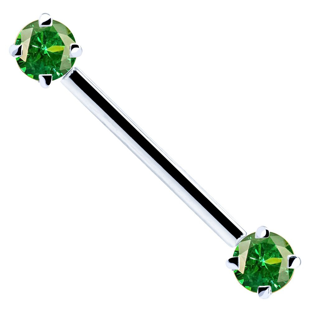 Green Round Gemstone 14K Gold Straight Barbell-16G   5 8" (16mm)   White Gold