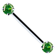 14k white gold straight barbell with dual round green CZ prong settings, angled product view