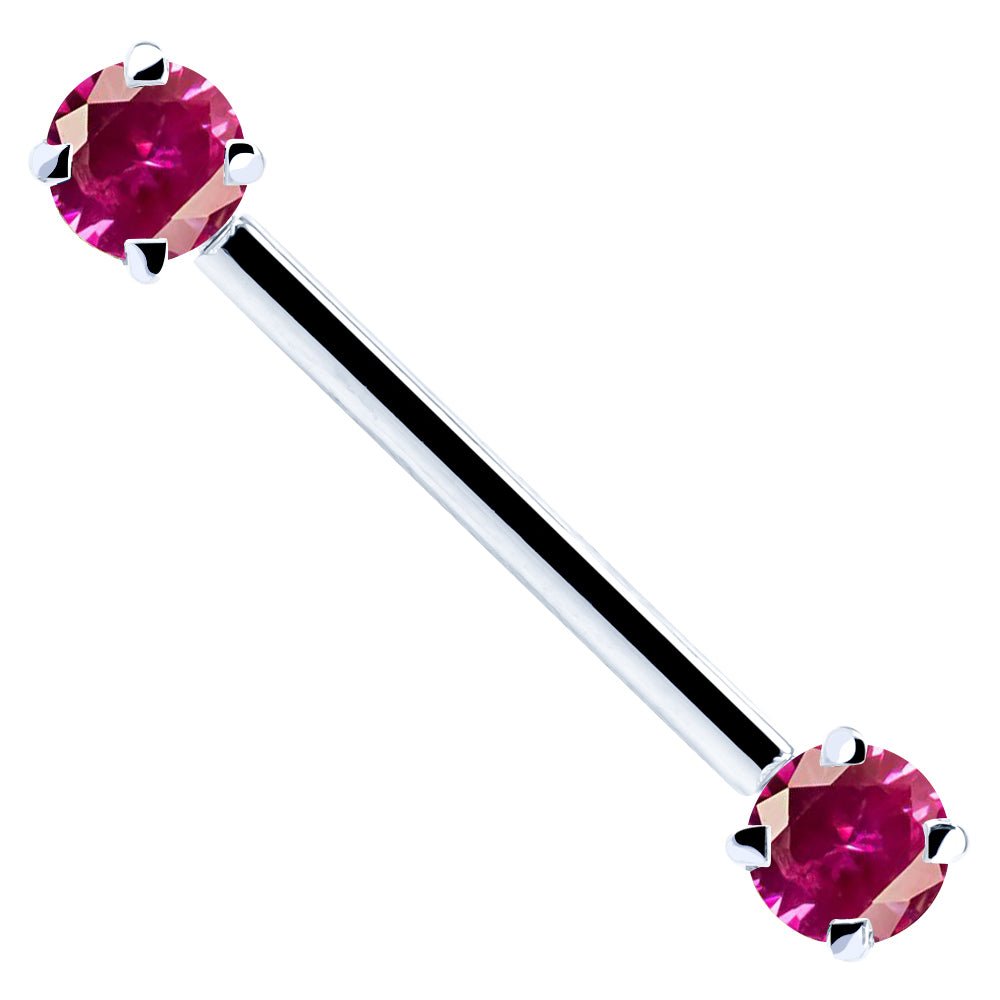 Red Round Gemstone 14K Gold Straight Barbell-16G   5 8" (16mm)   White Gold